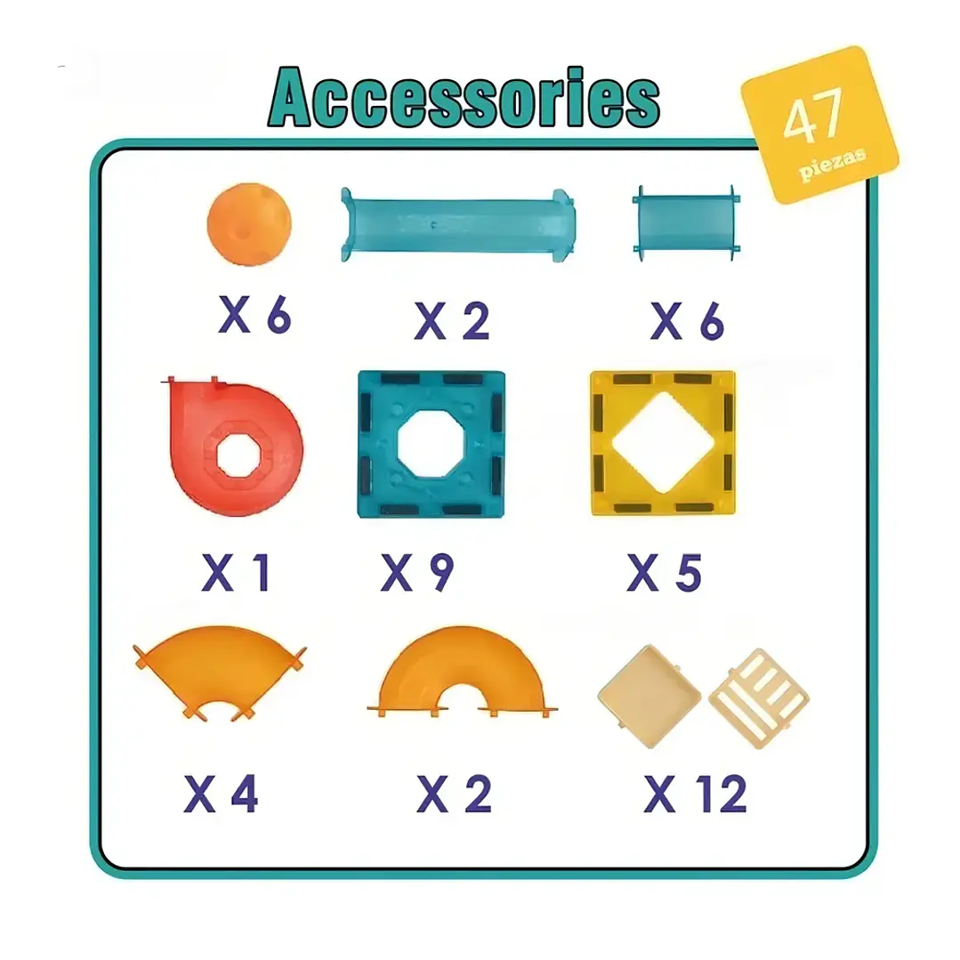 Bloques Magnéticos Magneti 47 Piezas con Pista de Carreras y Castillo 3