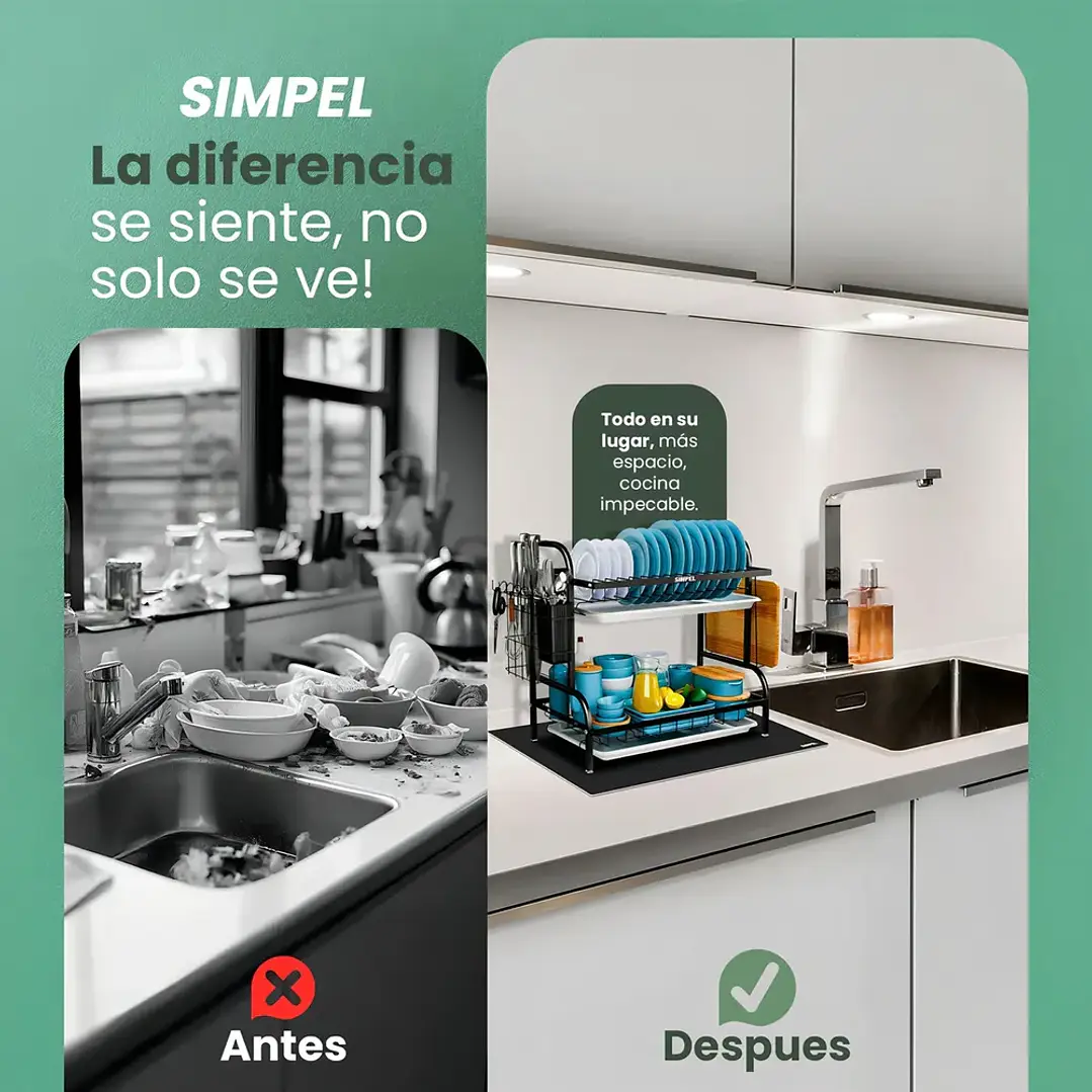 Secador de Platos Simpel 2 Niveles Negro con Tapete Secador 4