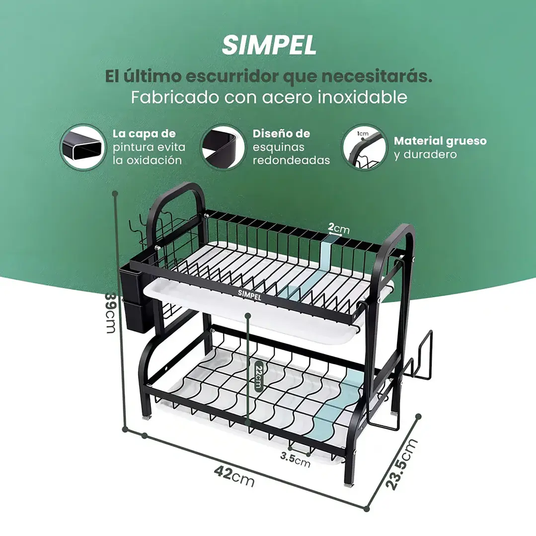 Secador de Platos Simpel 2 Niveles Negro con Tapete Secador 5