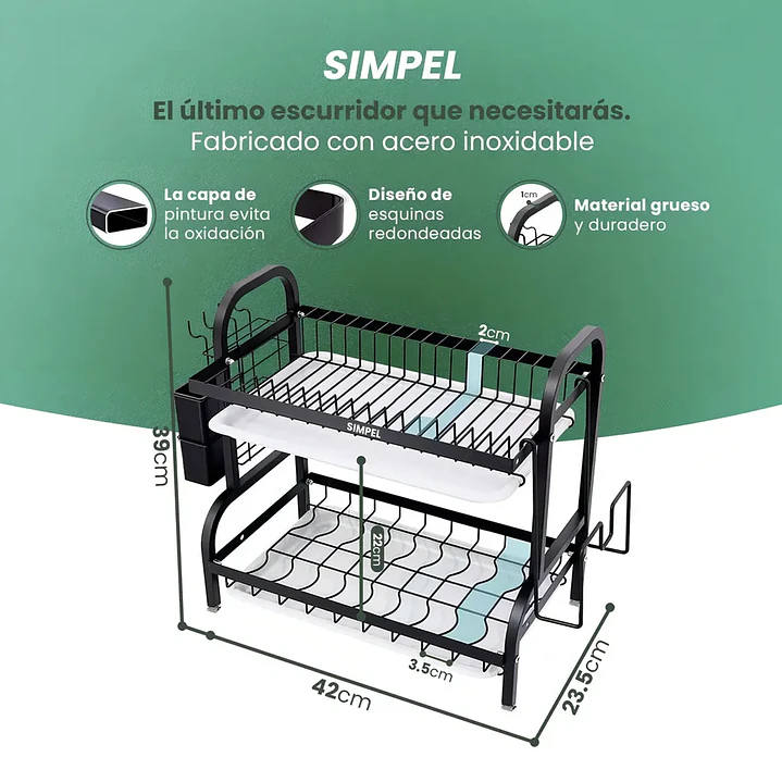 Secador de Platos Simpel 2 Niveles Negro con Tapete Secador 5