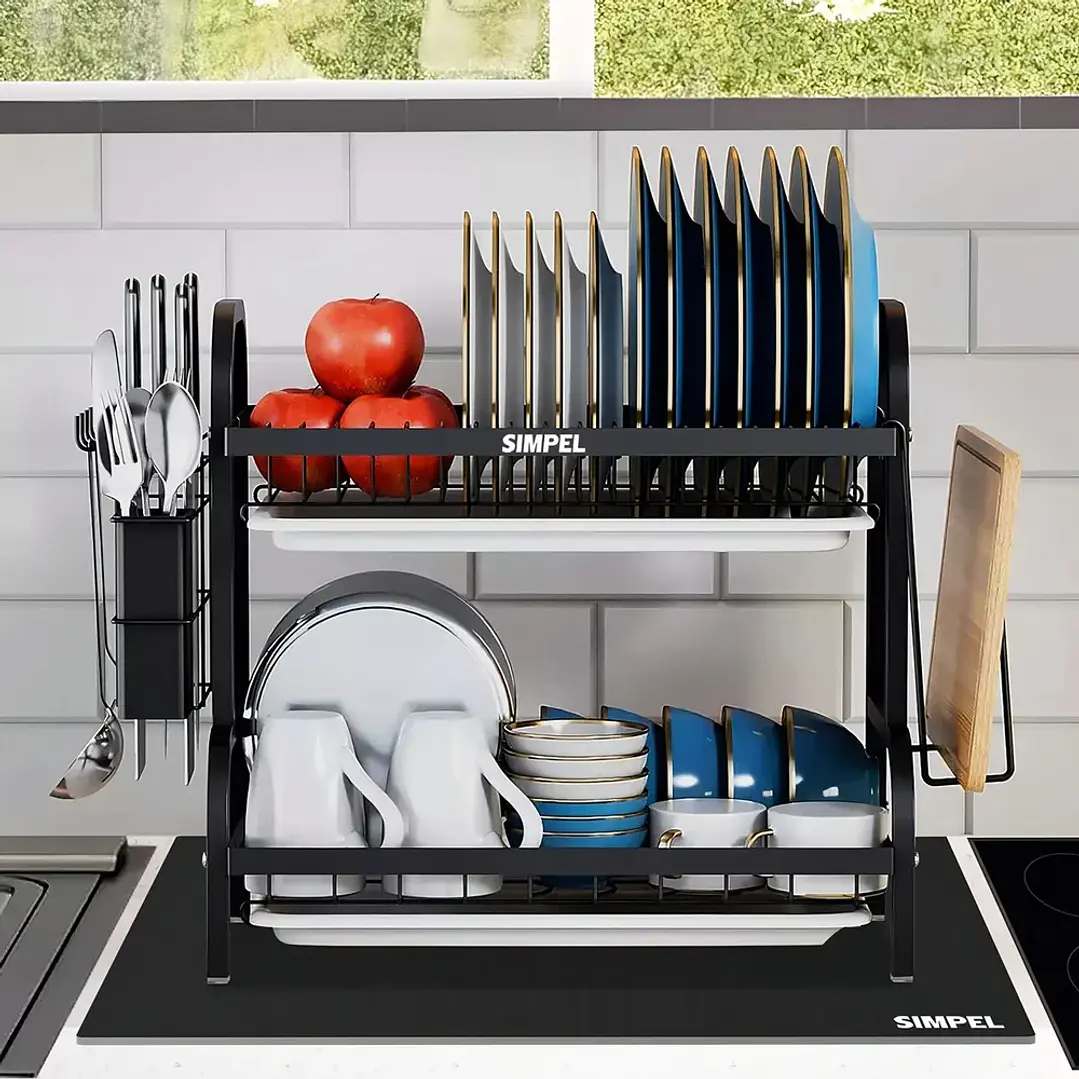 Secador de Platos Simpel 2 Niveles Negro con Tapete Secador 2
