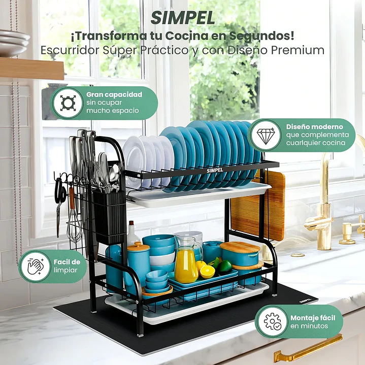Secador de Platos Simpel 2 Niveles Negro con Tapete Secador 3