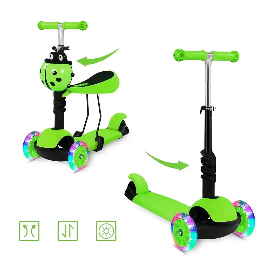 Scooter Monopatín Infantil 3 en 1 Ajustable con Canasto Chinita Verde 2