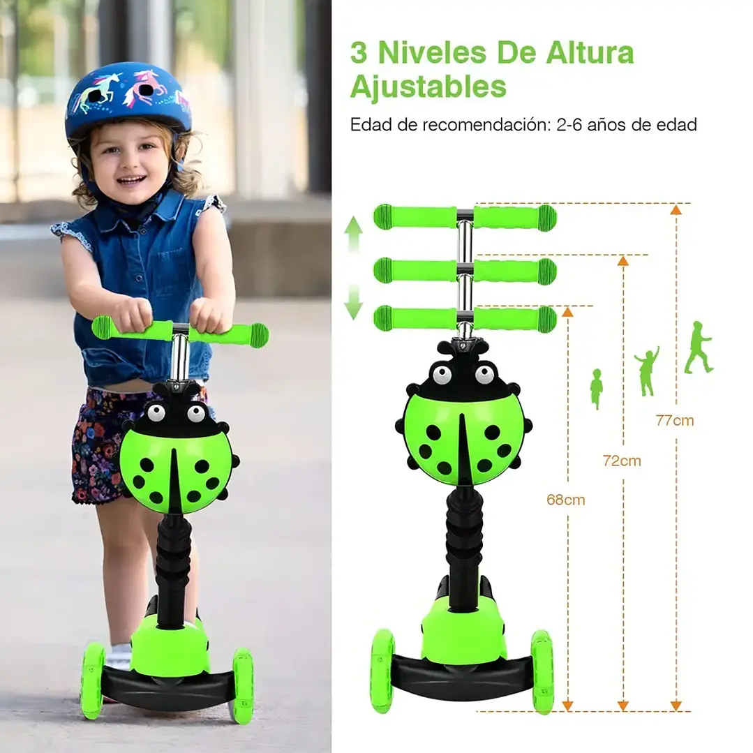 Scooter Monopatín Infantil 3 en 1 Ajustable con Canasto Chinita Verde 4
