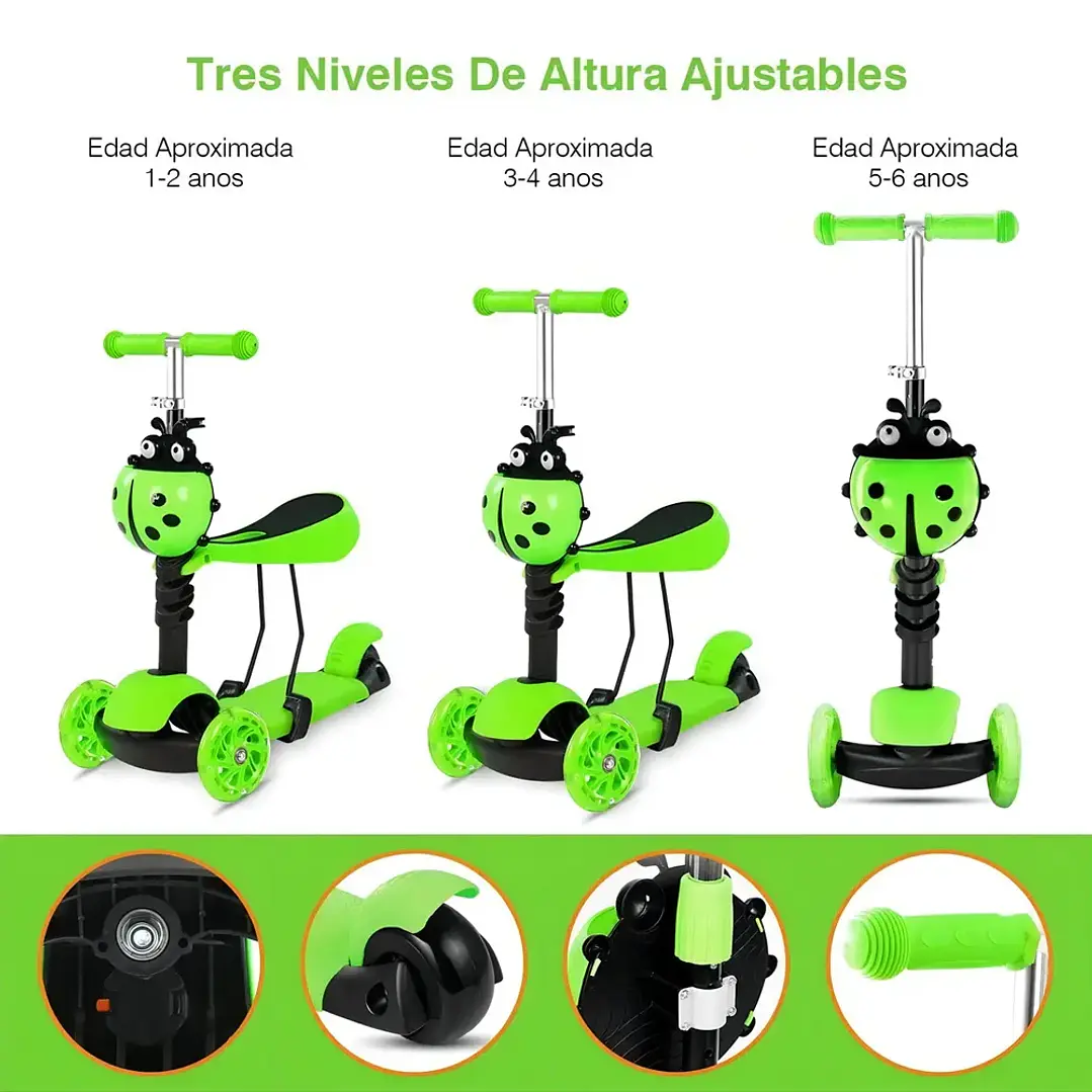 Scooter Monopatín Infantil 3 en 1 Ajustable con Canasto Chinita Verde 5