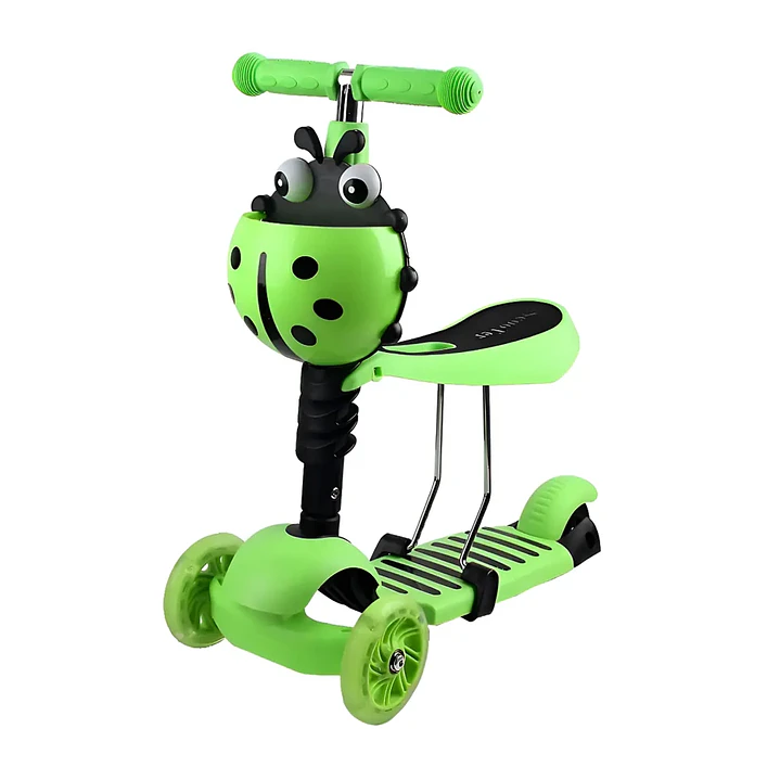 Scooter Monopatín Infantil 3 en 1 Ajustable con Canasto Chinita Verde 1