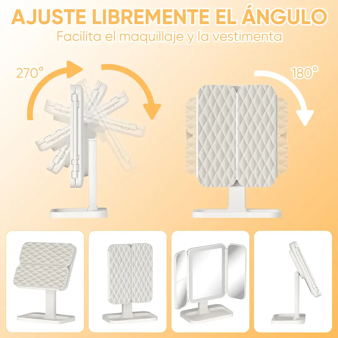 Espejo de Maquillaje Triple Plegable con Luz LED Pro y Aumento 3X Blanco 2