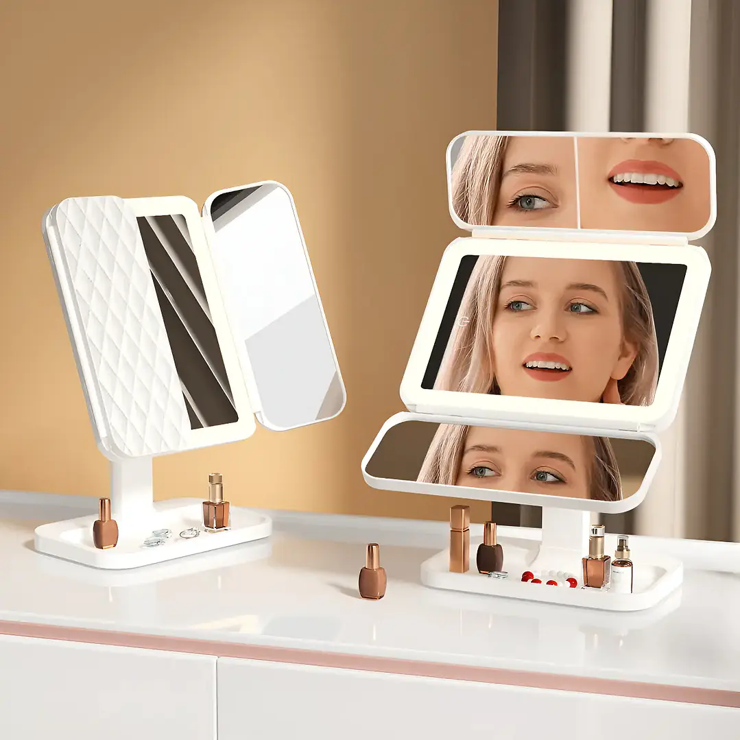 Espejo de Maquillaje Triple Plegable con Luz LED Pro y Aumento 3X Blanco 4