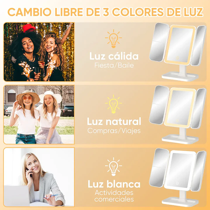 Espejo de Maquillaje Triple Plegable con Luz LED Pro y Aumento 3X Blanco 5