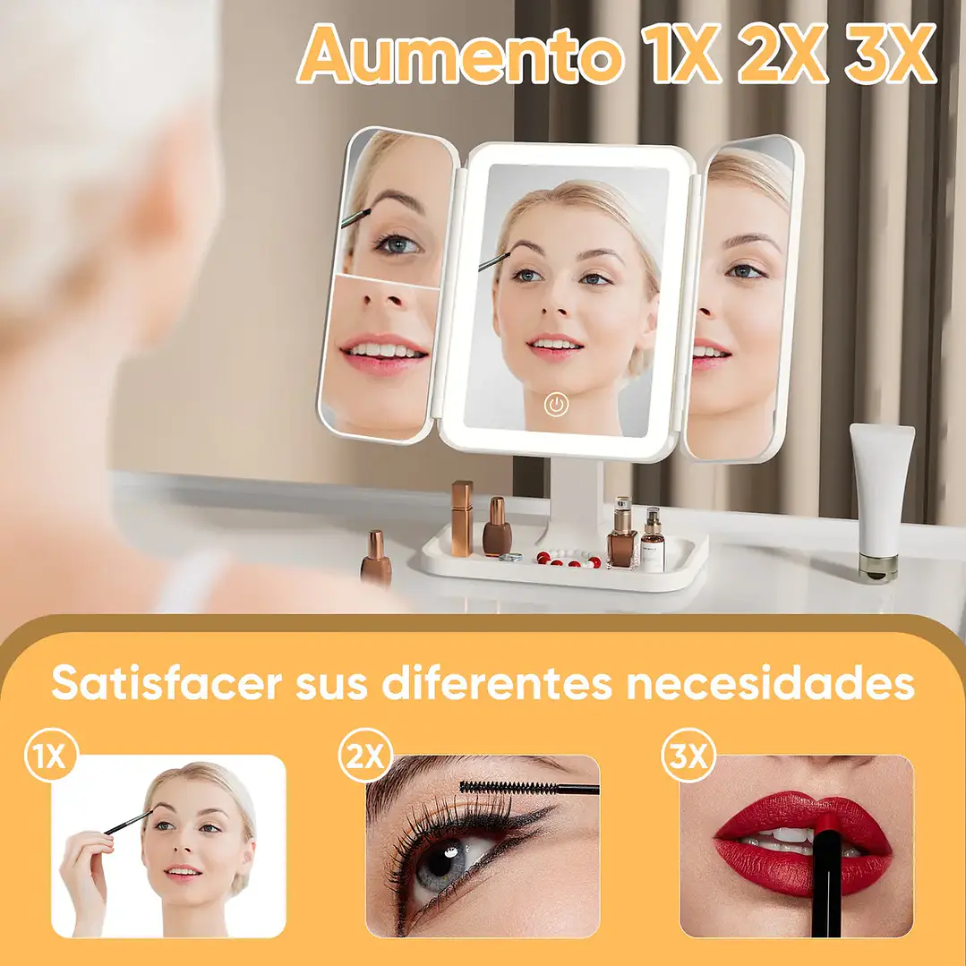 Espejo de Maquillaje Triple Plegable con Luz LED Pro y Aumento 3X Blanco 6