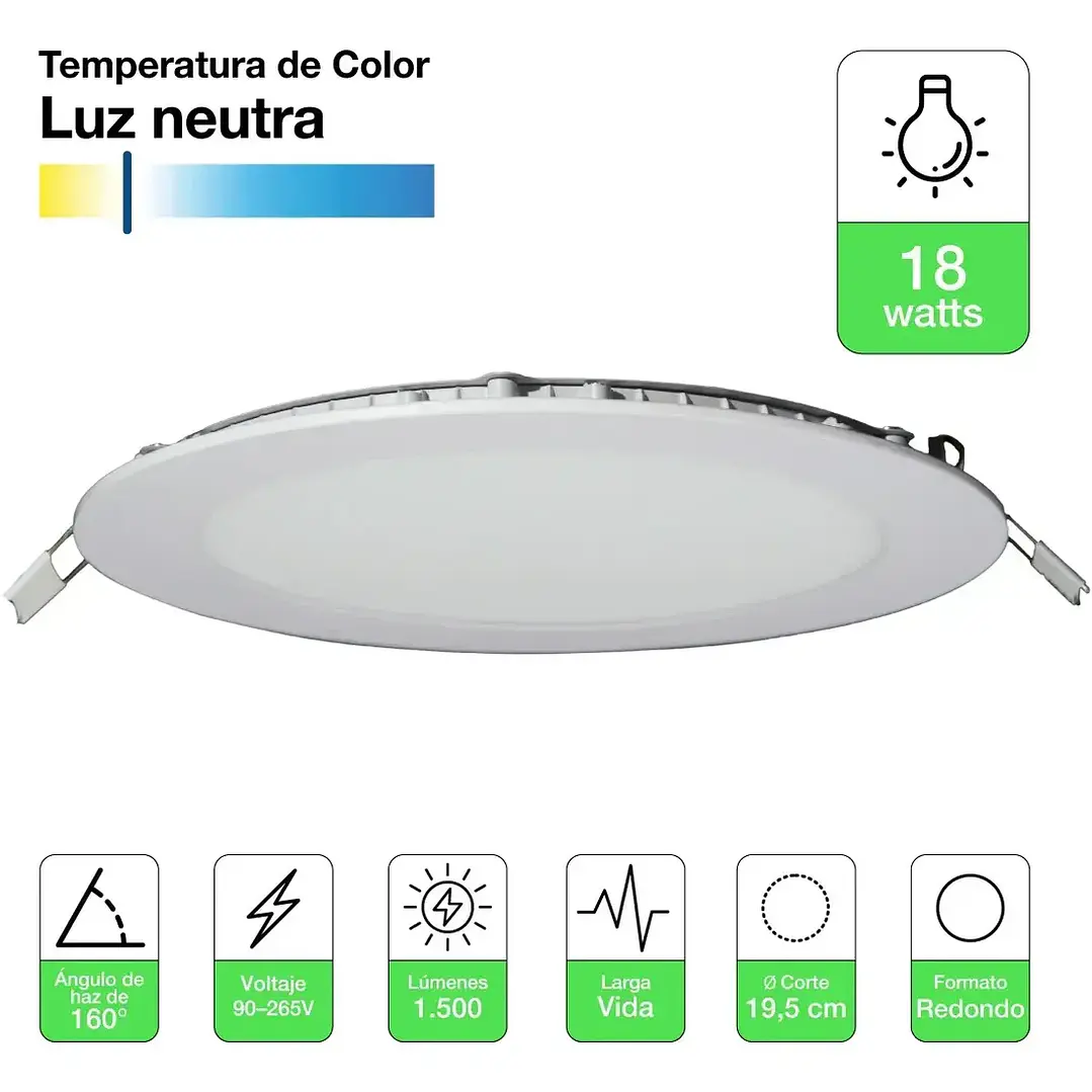 Foco Panel LED Embutido Redondo 18W Luz Neutra 4000K de 22cm 2