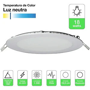 Foco Panel LED Embutido Redondo 18W Luz Neutra 4000K de 22cm