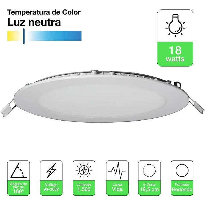 Foco Panel LED Embutido Redondo 18W Luz Neutra 4000K de 22cm 2