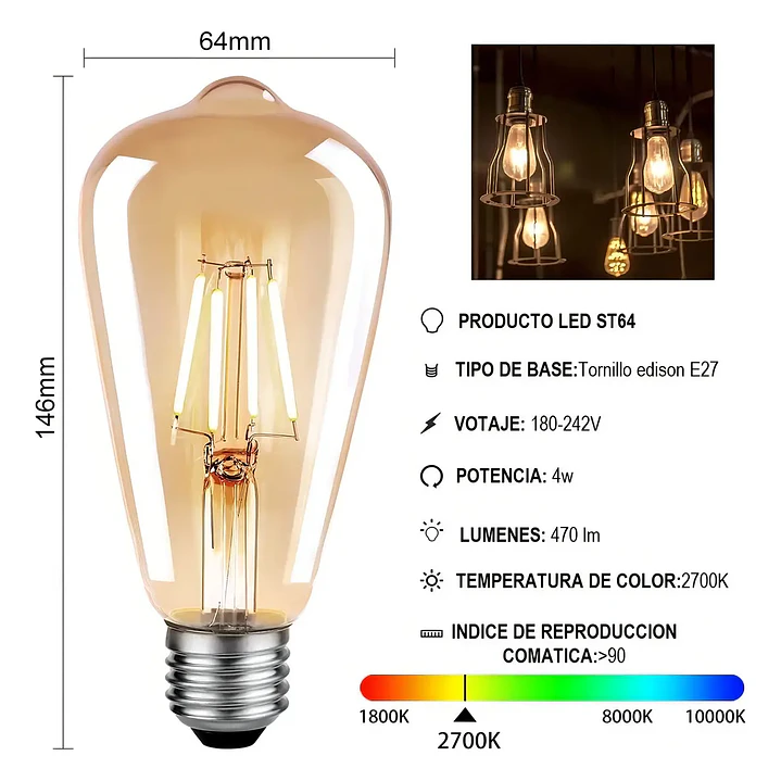 Ampolleta Vintage E27 LED Edison de Filamento 4W Luz Cálida 2700K 3