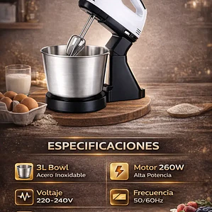 Batidora Eléctrica de Pedestal 2 en 1 con Bowl de Acero de 3 Litros 7 Velocidades