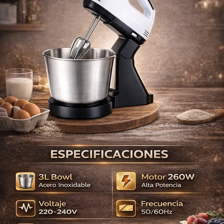 Batidora Eléctrica de Pedestal 2 en 1 con Bowl de Acero de 3 Litros 7 Velocidades 2