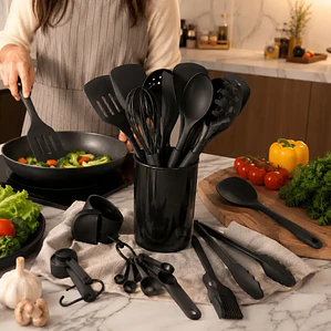 Set de Utensilios de Cocina de Silicona 21 Piezas con Vaso Organizador