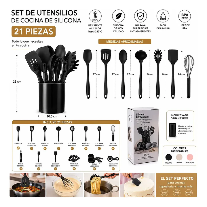 Set de Utensilios de Cocina de Silicona 21 Piezas con Vaso Organizador 4