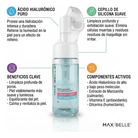 Espuma Facial Limpia Hidrata Acido Hialurónico Max Belleza