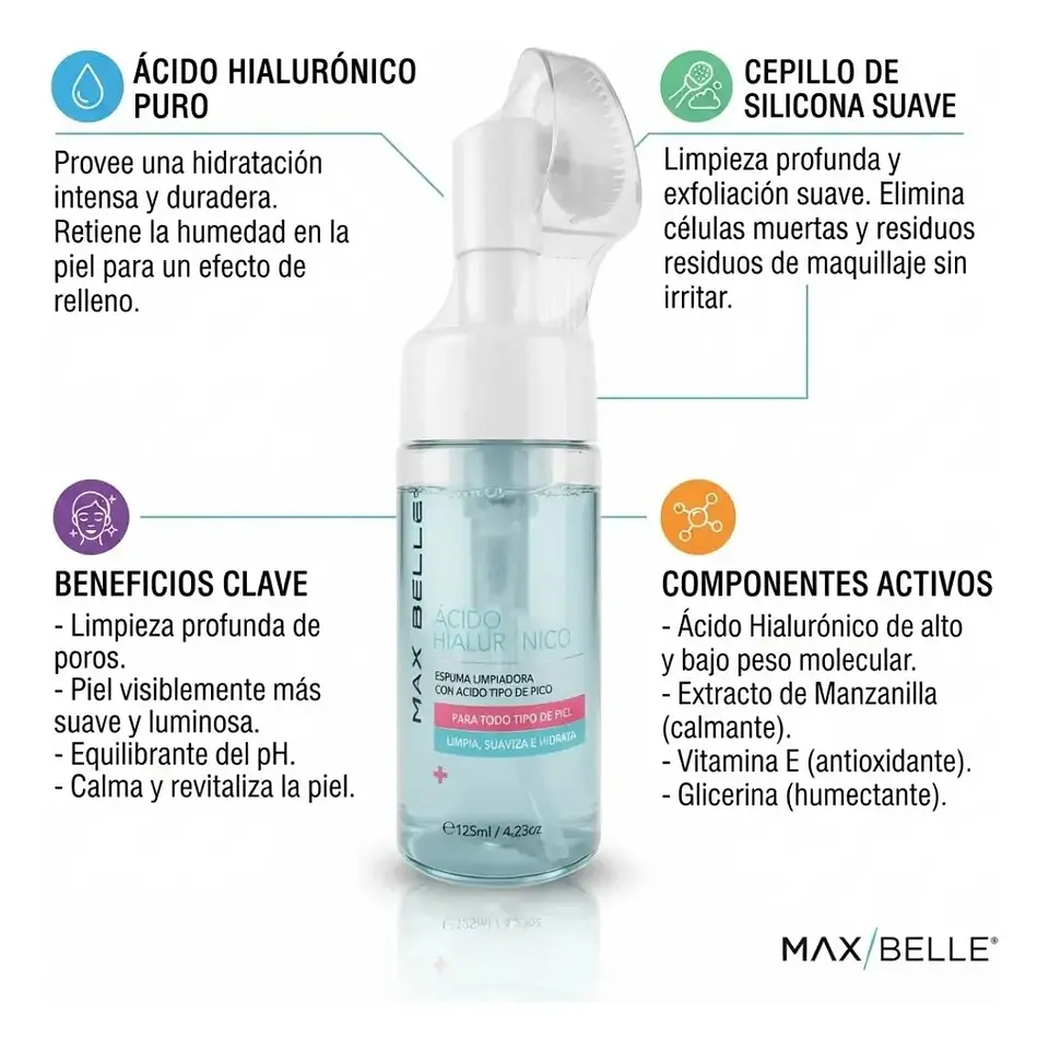 Espuma Facial Limpia Hidrata Acido Hialurónico Max Belleza 2