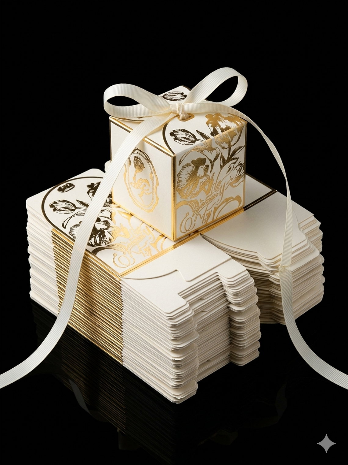 CAJA CARTON DORADA Y BEIGE ELEGANTE 7X7X7 CMS CON CINTA EN SATIN DE AMARRE 2