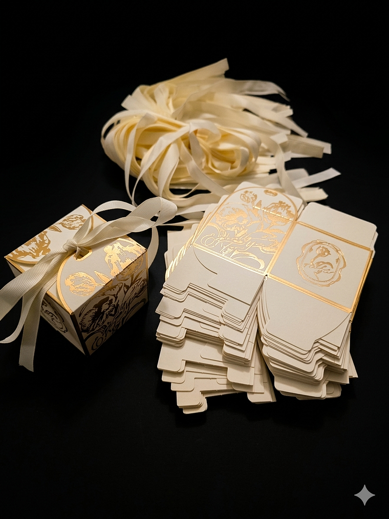 CAJA CARTON DORADA Y BEIGE ELEGANTE 7X7X7 CMS CON CINTA EN SATIN DE AMARRE 4