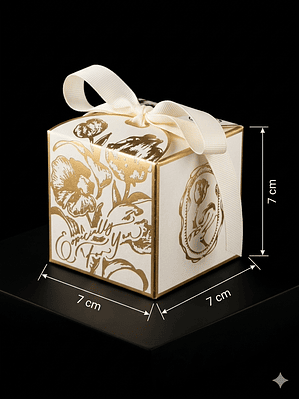 CAJA CARTON DORADA Y BEIGE ELEGANTE 7X7X7 CMS CON CINTA EN SATIN DE AMARRE