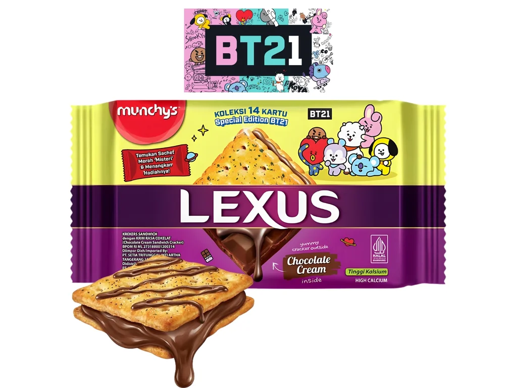 Biscoitos recheados com creme de chocolate Munchys Lexus BT21 76g MYS 1