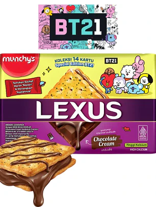 Biscoitos recheados com creme de chocolate Munchys Lexus BT21 76g MYS