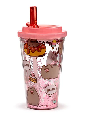 Copo em Plástico com parede Dupla com Tampa e Palhinha Pusheen