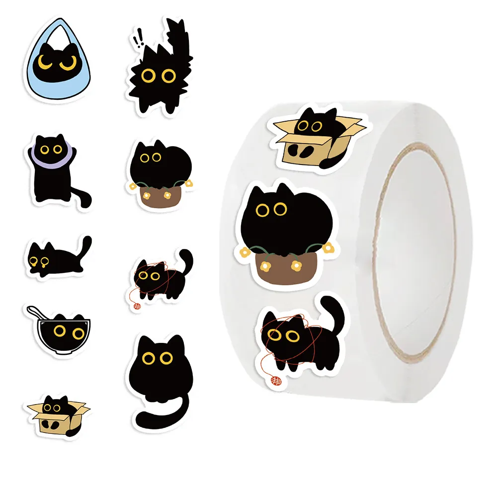 Rolo de adesivos decorativos de gato preto em papel washi para scrapbooking, selagem de envelopes e muito mais. Design kawaii com poses de gato. 1