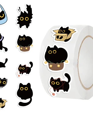 Rolo de adesivos decorativos de gato preto em papel washi para scrapbooking, selagem de envelopes e muito mais. Design kawaii com poses de gato.