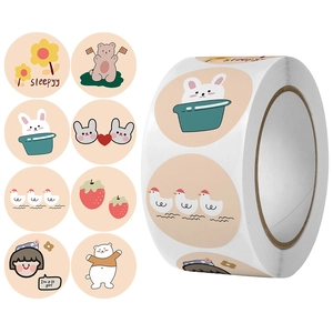Rolo de adesivos redondos de papel artístico com estampa de gato de desenho animado para sobremesas, ideal para decoração de embalagens de presentes e artigos de papelaria kawaii. 500pcs 1
