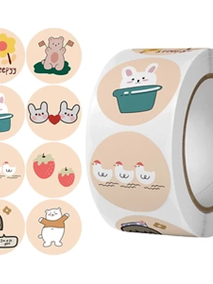 Rolo de adesivos redondos de papel artístico com estampa de gato de desenho animado para sobremesas, ideal para decoração de embalagens de presentes e artigos de papelaria kawaii. 500pcs