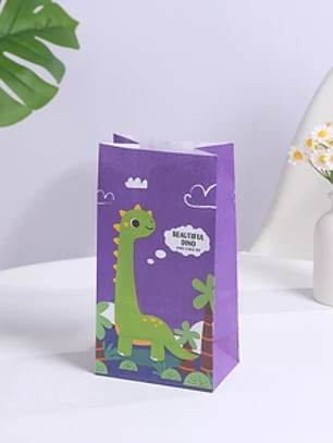 Sacolas de papel kraft com estampa de dinossauro e adesivos para lembrancinhas de aniversário infantil, embalagens para doces e guloseimas.