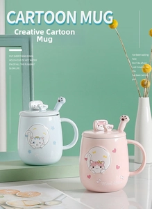 Caneca de cerâmica fofa com desenho de gato, colher, tampa e suporte para celular integrado 3
