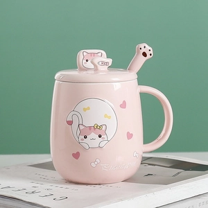 Caneca de cerâmica fofa com desenho de gato, colher, tampa e suporte para celular integrado 8