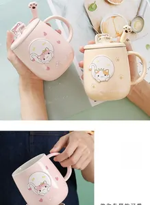 Caneca de cerâmica fofa com desenho de gato, colher, tampa e suporte para celular integrado 5