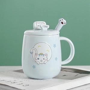 Caneca de cerâmica fofa com desenho de gato, colher, tampa e suporte para celular integrado 6
