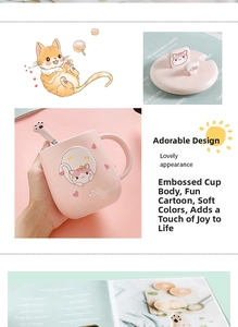 Caneca de cerâmica fofa com desenho de gato, colher, tampa e suporte para celular integrado 9