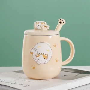 Caneca de cerâmica fofa com desenho de gato, colher, tampa e suporte para celular integrado 7