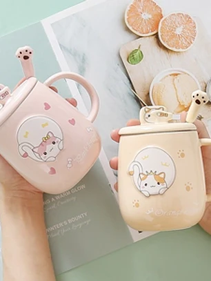 Caneca de cerâmica fofa com desenho de gato, colher, tampa e suporte para celular integrado