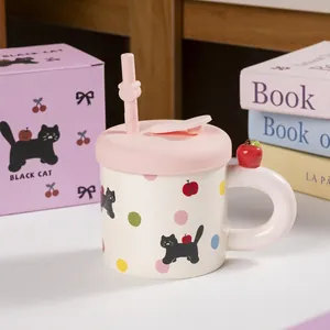 Caneca Gato Cerâmica com tampa e palha de Silicone 1