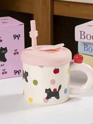 Caneca Gato Cerâmica com tampa e palha de Silicone