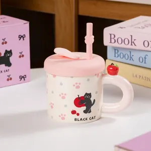 Caneca Gato de CerÂmica com tampa e palha de Silicone 1