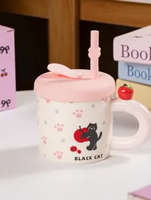 Caneca Gato de CerÂmica com tampa e palha de Silicone