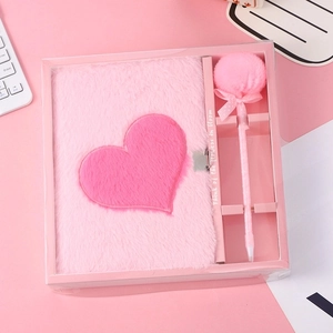 Caderno de pelúcia sintética e caneta com pompom peludo, com cadeado, diário secreto para meninas 1