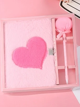 Caderno de pelúcia sintética e caneta com pompom peludo, com cadeado, diário secreto para meninas