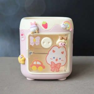 Porta-canetas kawaii, caixa organizadora de mesa em plástico com formato de mini geladeira, grande capacidade 1