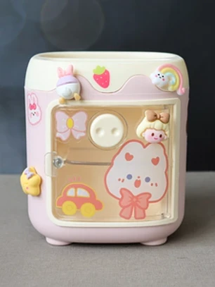 Porta-canetas kawaii, caixa organizadora de mesa em plástico com formato de mini geladeira, grande capacidade